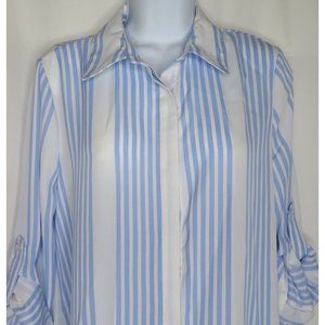 New Blue Striped Shirt Blouse S Pockets Tab Sleeve Polyester Relex Fit Peck & Pe
